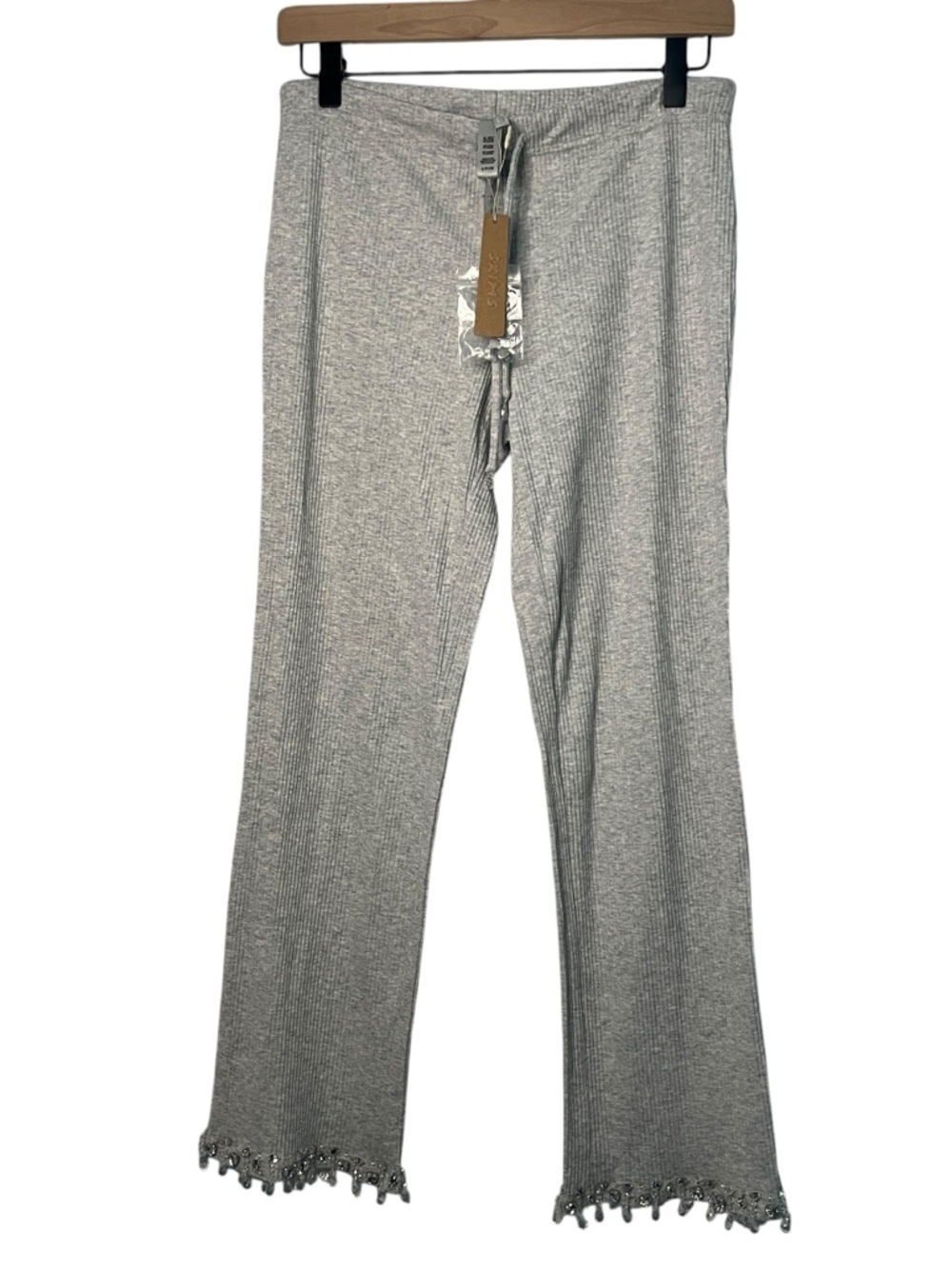 SKIMS Chandelier Heather Gray Ribbed Knit Lounge Pants with Rhinestone Hem Sz S
